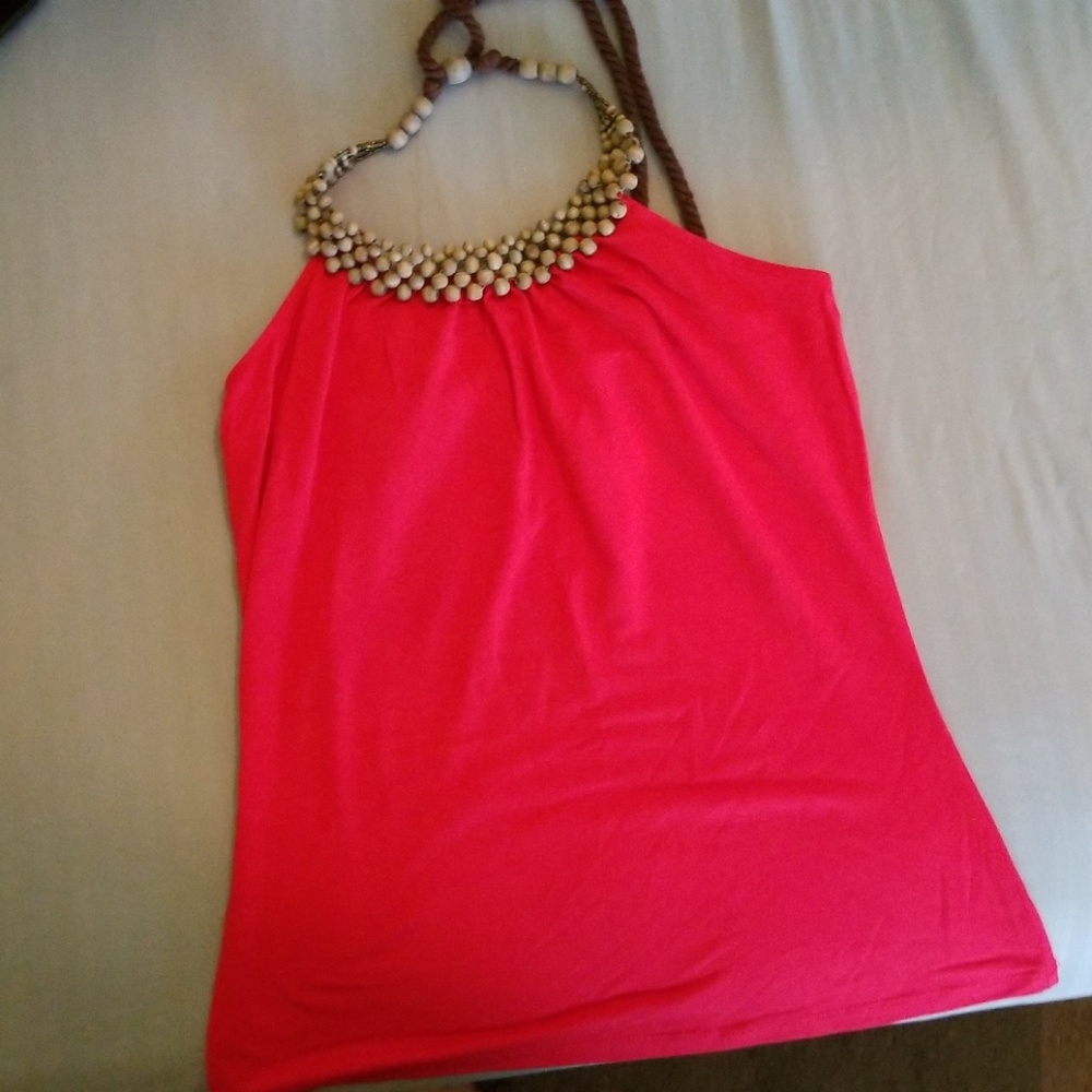 Red halter with beading detail, M